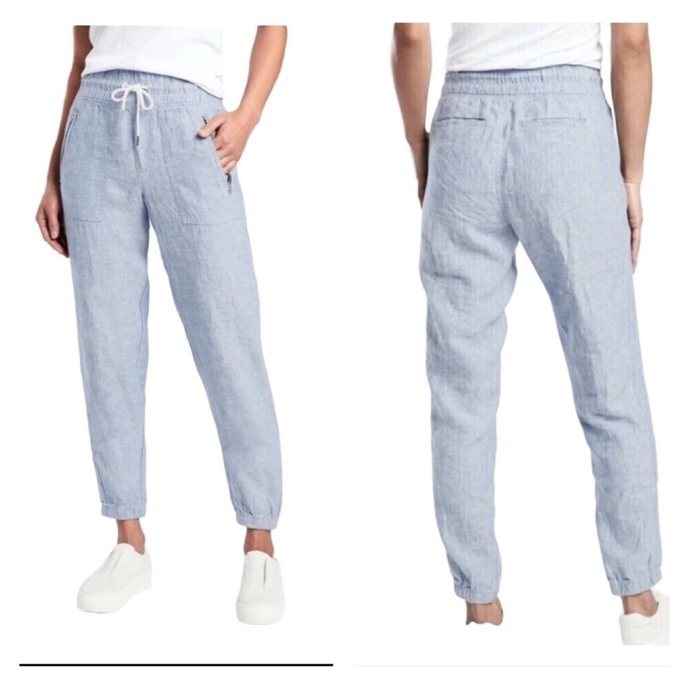 NWT Athleta Cabo Linen Joggers 26 Blue Heather Pull On Zip Pockets‎